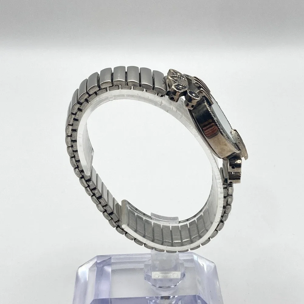 Vtg Faberge Womens Marcasite Watch 26mm Silver Tone Stretch Band New Battery